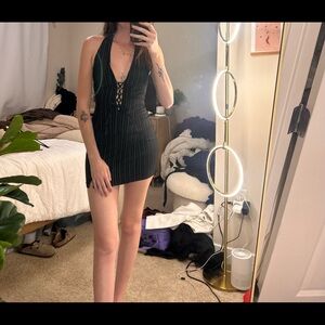 Black pinstripe halter dress